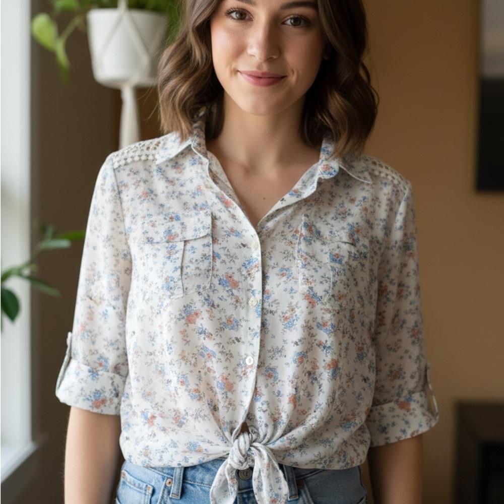 Streetwear Society Blue and Pink Floral Button-Down Shirt